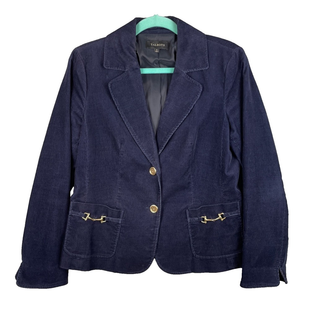 Talbots Stretch Corduroy Blazer Jacket 8 Blue Equestrian Gold Buttons Classic